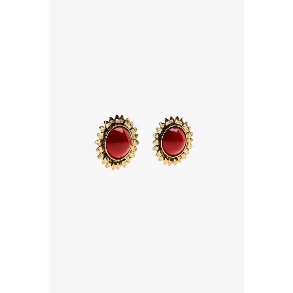 Zara Red Sunburst Statement Earrings Gold Tone Resin Stone NWT